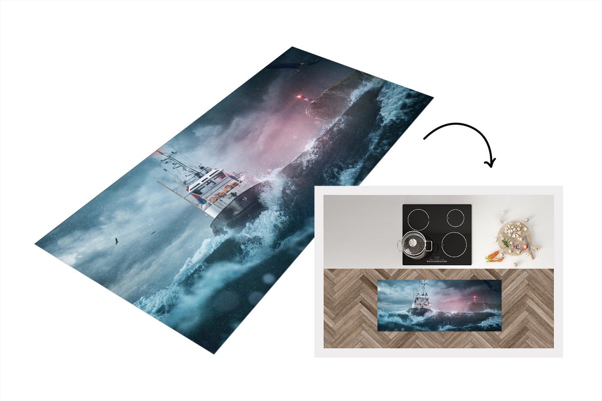 KitchenYeah Keukenloper - Loper keuken - Zee - Boot - Storm - Vuurtoren - 120x50 cm - Keukenloper vinyl Multicolor
