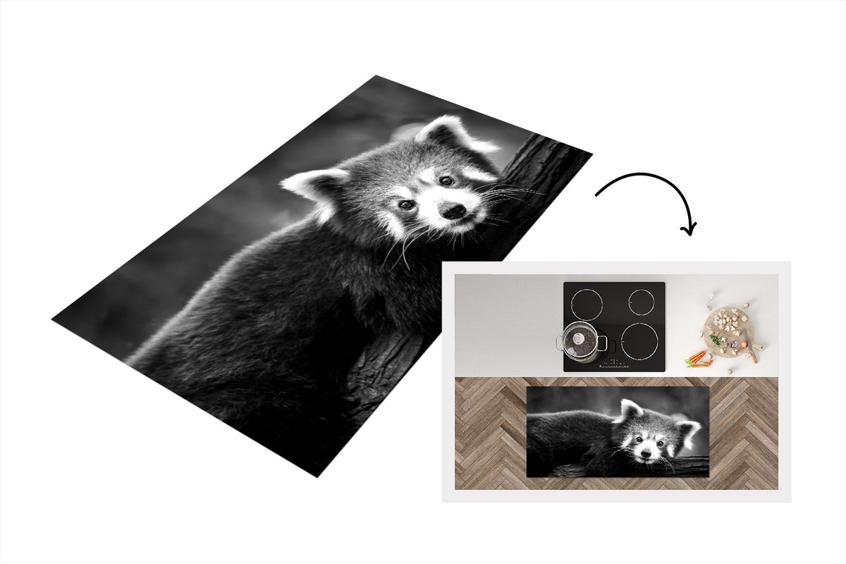 KitchenYeah Keukenloper - Loper keuken - Rode panda op een boomstam - zwart wit - 120x60 cm - Keukenloper vinyl Zwart; Wit