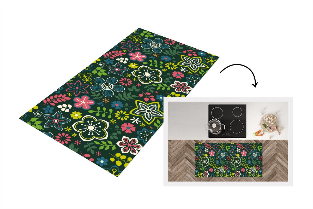 KitchenYeah Keukenloper - Loper keuken - Bladeren - Patronen - Bloemen - 120x60 cm - Keukenloper vinyl Multicolor