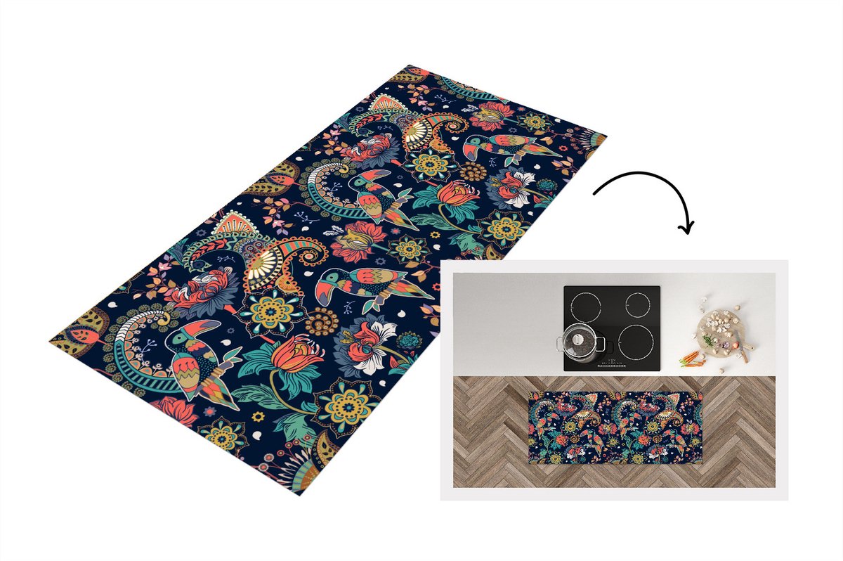 KitchenYeah Keukenloper - Loper keuken - Toekan - Vogel - Regenboog - Jungle - Patroon - 120x50 cm - Keukenloper vinyl Multicolor