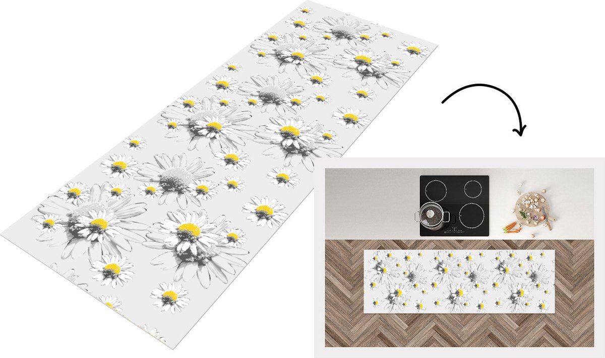 Keukenloper - Loper keuken - Madelief - Kamille - Bloemen - Patronen - 180x60 cm - Keukenloper vinyl