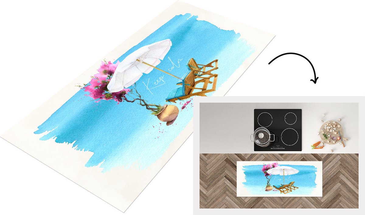 Keukenloper - Loper keuken - Strandstoel - Parasol - Bloemen - Aquarel - 120x50 cm - Keuke