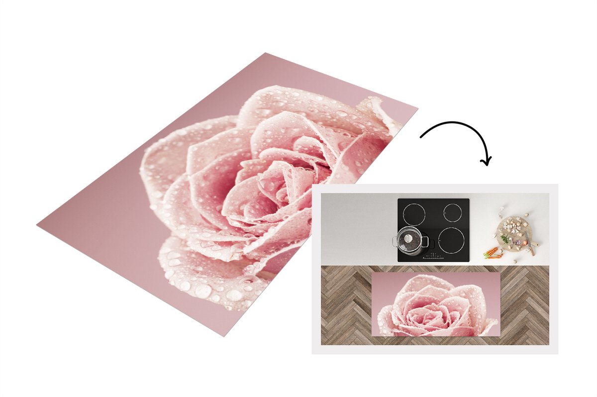 KitchenYeah Keukenloper - Loper keuken - Dauwdruppeltjes op een enkele roze roos - Keukenloper vinyl, foto 2