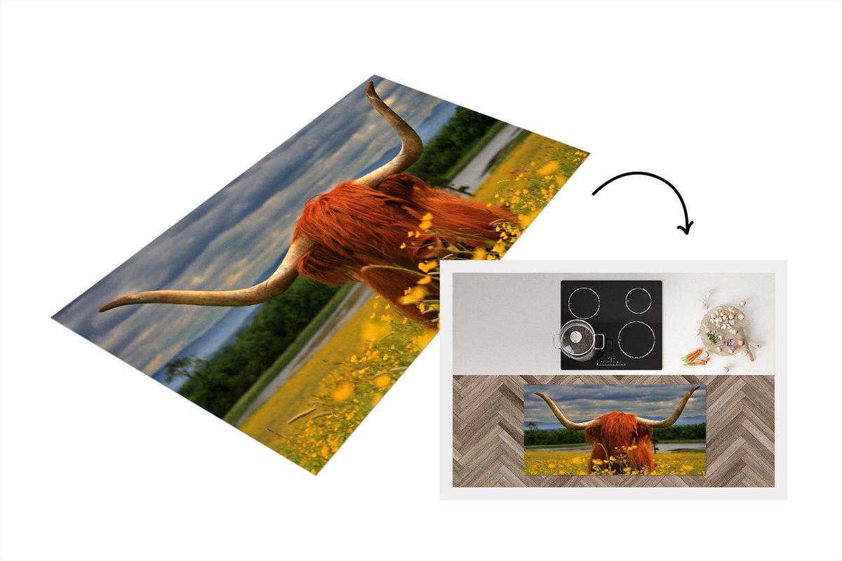 KitchenYeah Keukenloper - Loper keuken - Schotse Hooglander - Dieren - Bloemen - 120x60 cm - Keukenloper vinyl Multicolor