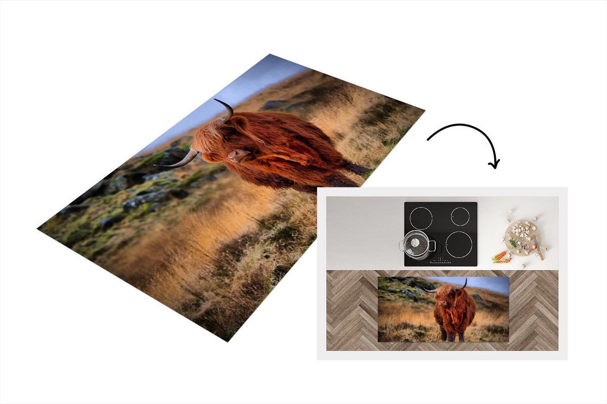 KitchenYeah Keukenloper - Loper keuken - Schotse Hooglander - Gras - Stenen - 120x60 cm - Keukenloper vinyl Multicolor