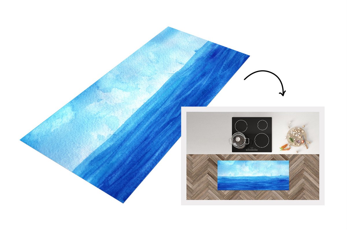 KitchenYeah Keukenloper - Loper keuken - Zee - Waterverf - Lucht - 120x50 cm - Keukenloper vinyl Multicolor