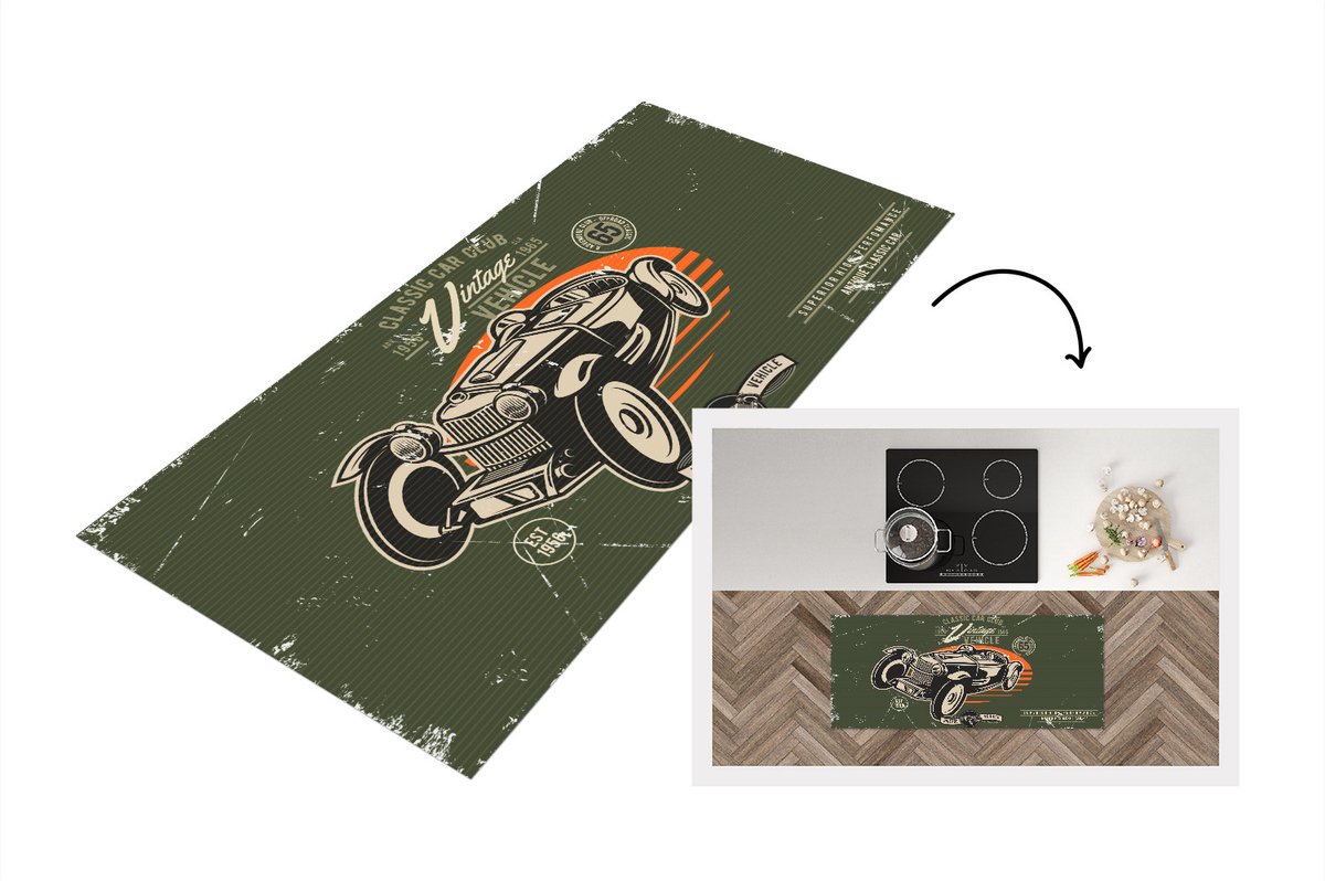 KitchenYeah Keukenloper - Loper keuken - Vintage - Oldtimer - Auto - 120x50 cm - Keukenloper vinyl Multicolor