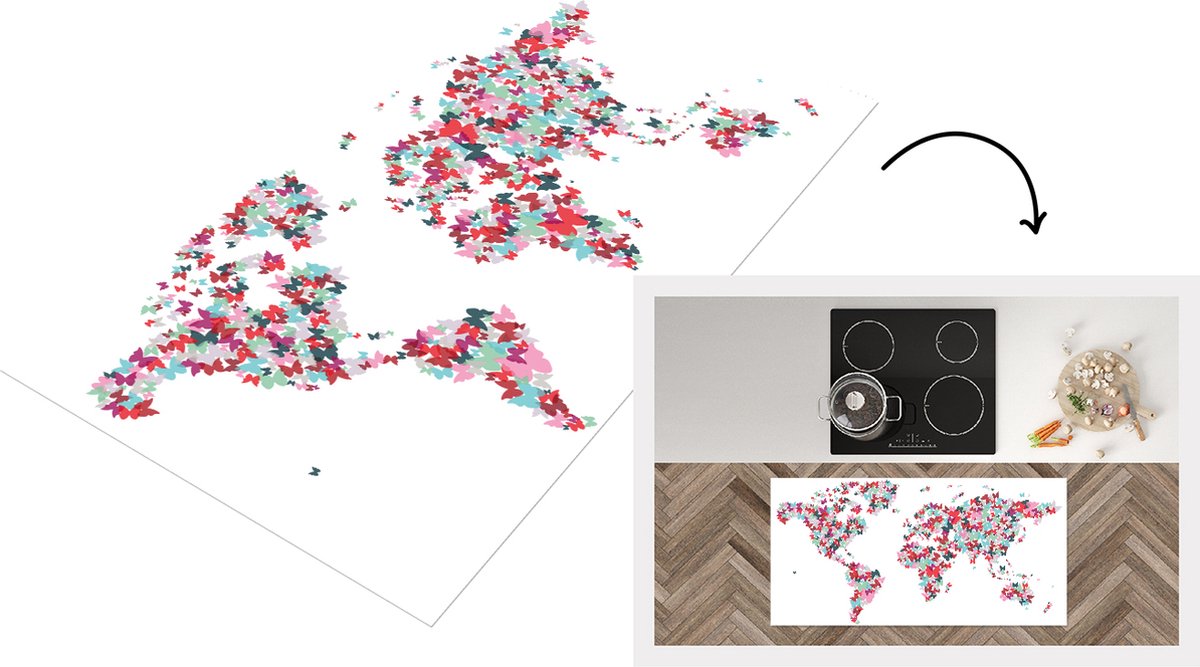 KitchenYeah Keukenloper - Loper keuken - Wereldkaart - Kleuren - Vlinders - 120x60 cm - Keukenloper vinyl Multicolor