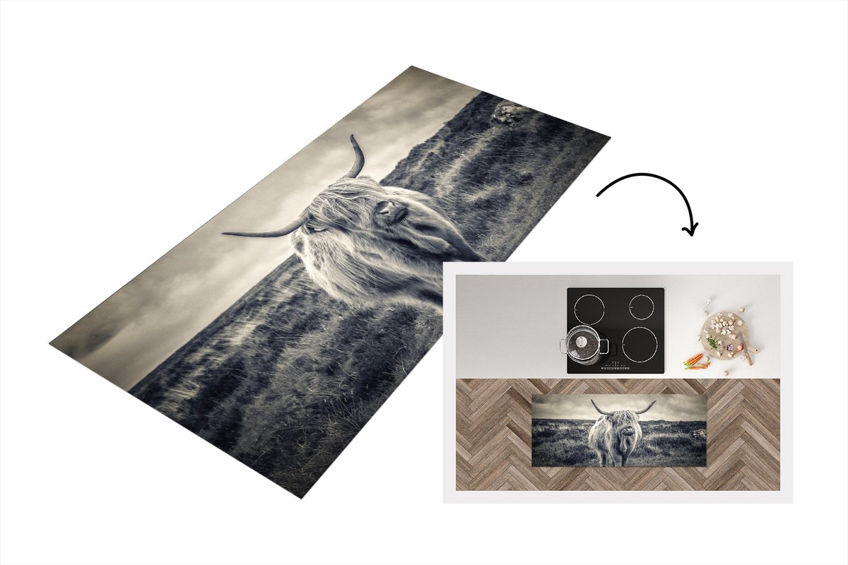 KitchenYeah Keukenloper - Loper keuken - Schotse hooglander - Dieren - Wolk - 120x50 cm - Keukenloper vinyl Multicolor