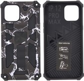 Hoesje Geschikt voor iPhone 12 Pro Max Hoesje - Rugged Extreme Backcover Marmer Camouflage met Kickstand - Zwart