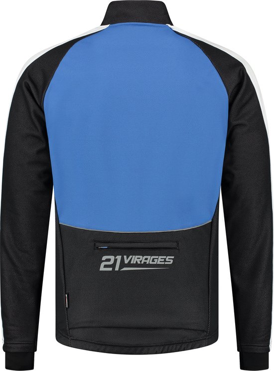 Achterkant van een wielrenjack voor heren met een blauw vlak op de rug, zwarte mouwen en witte schouderpanelen. Het logo '21 VIRAGES' staat op de onderkant.