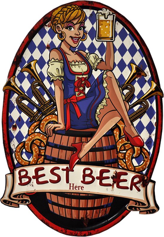Clayre & Eef Tekstbord 45x65 cm Blauw Bruin Ijzer Best beer here Wandbord