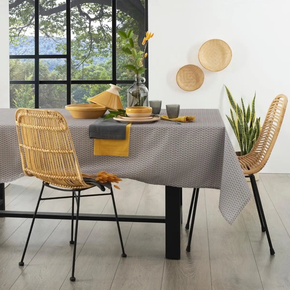 Tafelkleed van polyester rechthoekig 240 x 140 cm - grijs met print - Eettafel tafellakens