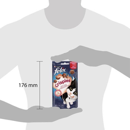 Felix Crispies kattenvoer met zalm en forel. De verpakking is 176mm en voor volwassen katten.