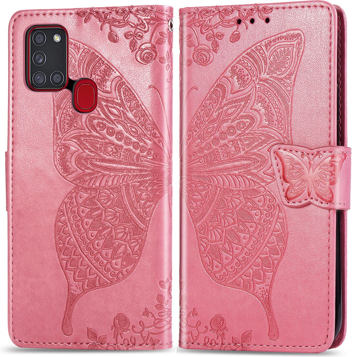 Bookcase geschikt voor Samsung Galaxy A21s - Roze - Vlinder - Portemonnee Hoesje