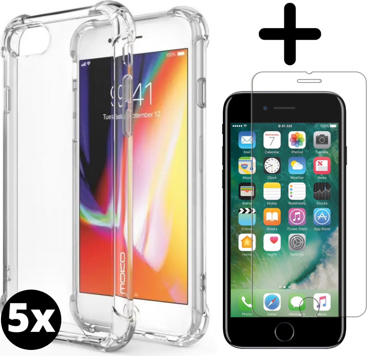 Fooniq Anti Schock Siliconen Hoesje Transparant 5x + Screenprotector 5x - Geschikt Voor Apple iPhone 7