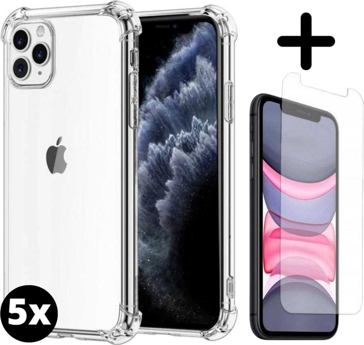 Fooniq Silicone Hoesje Transparant 5x + Screenprotector 5x - Geschikt Voor Apple iPhone 11