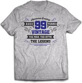 99 Jaar Legend - Feest kado T-Shirt Heren / Dames - Antraciet Grijs / Donker Blauw - Perfect Verjaardag Cadeau Shirt - grappige Spreuken, Zinnen en Teksten. Maat 3XL