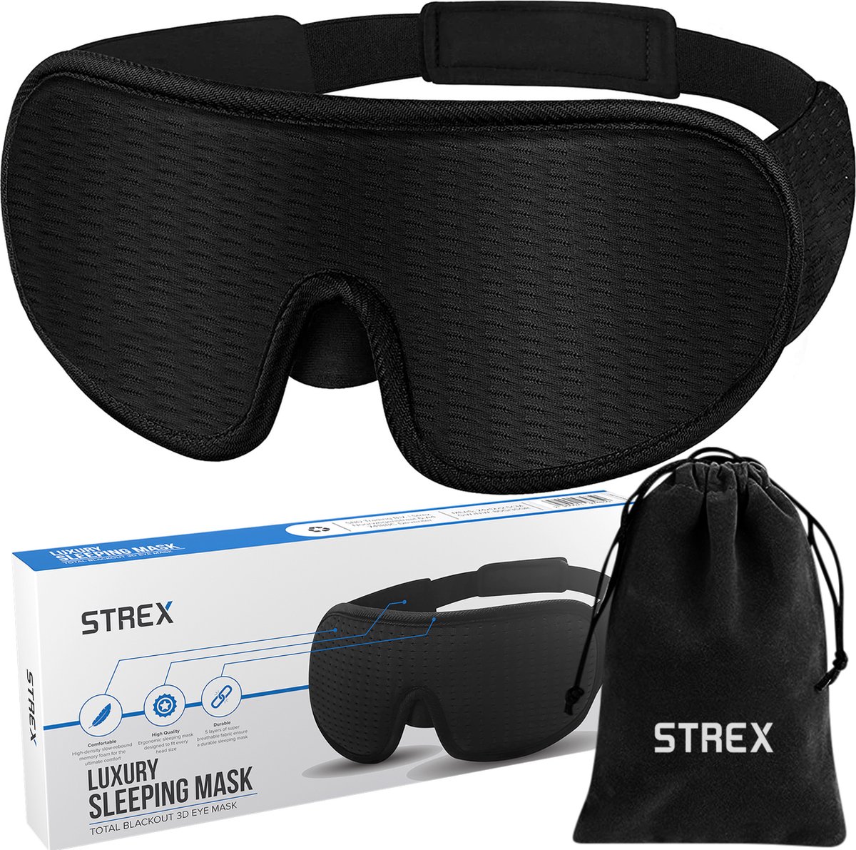 Strex Luxe Slaapmasker - 3D Ergonomisch - 100% Verduisterend - Traagschuim - Slaap Masker - Oog Masker - Strex