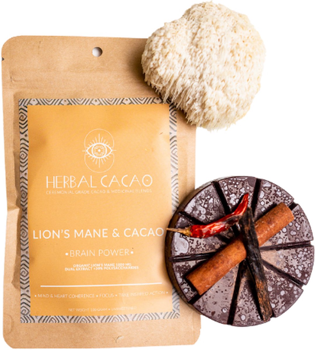 Herbal Cacao - LION'S MANE dual-extract & 100% pure, Raw Ceremonial Grade CACAO - 