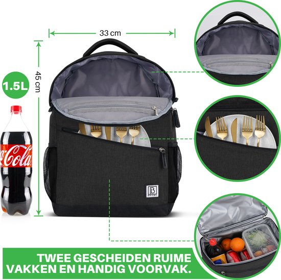 Zwarte rugzak, 45cm hoog, 33cm breed, geopend om interieur te tonen met fles en eten.