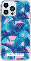 Fooncase Hoesje Geschikt voor iPhone 13 Pro Max - Shockproof Case - Back Cover / Soft Case - Funky Bohemian / Blauw Roze Bladeren