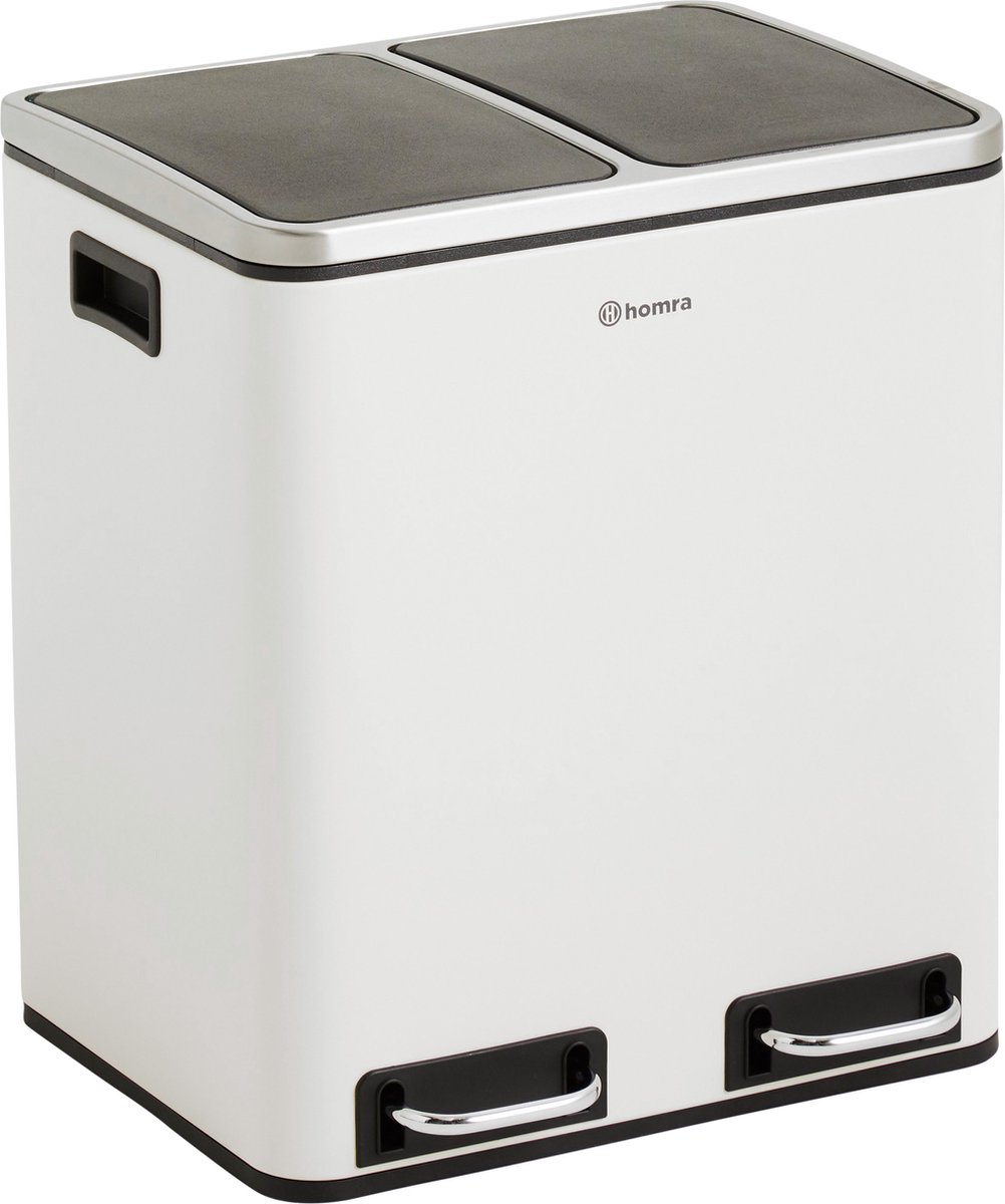 Homra BLINQ Afvalscheiding prullenbak met 2 vakken - 2 x 15 L inhoud - Duo pedaalemmer Crème Wit - Afvalemmer 30 Liter - Recycle Afvalbak - Witte Afvalscheidingsprullenbak - Hygiënisch Afval Scheiden - Keuken Vuilbak - Kantoor