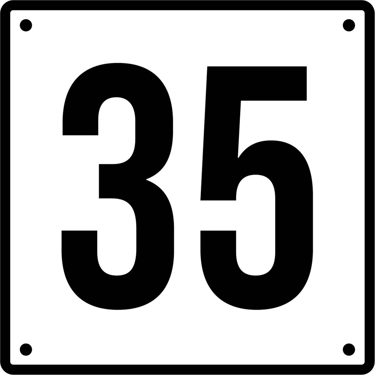 Huisnummerbord 35 - Incl. Schroeven en Pluggen – Acrylaat - 10 x 10 cm - Wit met Zwart