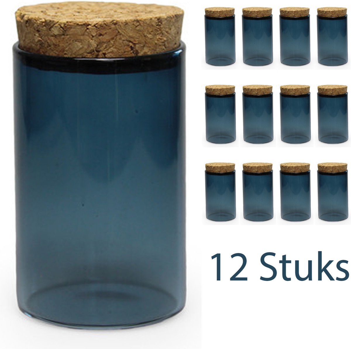 12stuks - Glazen SILVER BLUE mini potje met deksel kurk - doopsuiker verpakking | H8,4 cm Dia 5 cm