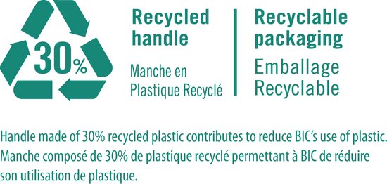 Symbole indiquant 30% de plastique recyclé et un emballage recyclable.
