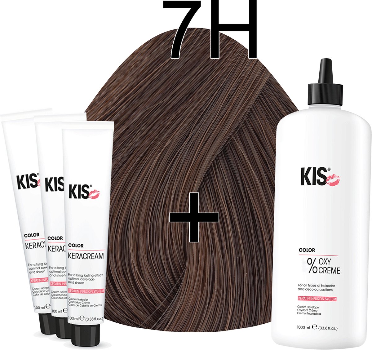 Kis KeraCream Color - 100ml - Haarverf Set - 7H Medium hazelnoot blond | KIS - (3 x haarverf & 1L waterstofperoxide)