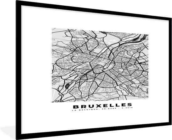 Fotolijst incl. Poster Zwart Wit- Plattegrond – Brussel – Zwart Wit – Stadskaart - Kaart - 90x60 cm - Posterlijst