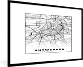 Fotolijst incl. Poster Zwart Wit- België – Antwerpen – Stadskaart – Kaart – Zwart Wit – Plattegrond - 90x60 cm - Posterlijst