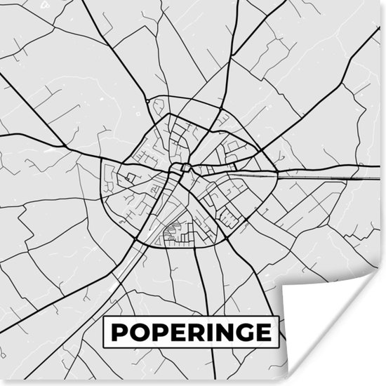 Poster Stadskaart – Plattegrond – België – Zwart Wit – Poperinge – Kaart - 100x100 cm XXL
