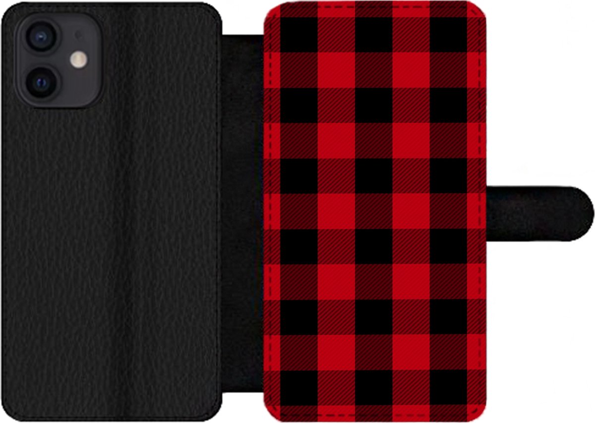 Telefoonhoesje Geschikt voor iPhone 12 telefoonhoesje - Plaid - Zwart - Rood - Met vakjes - Wallet case met magneetsluiting