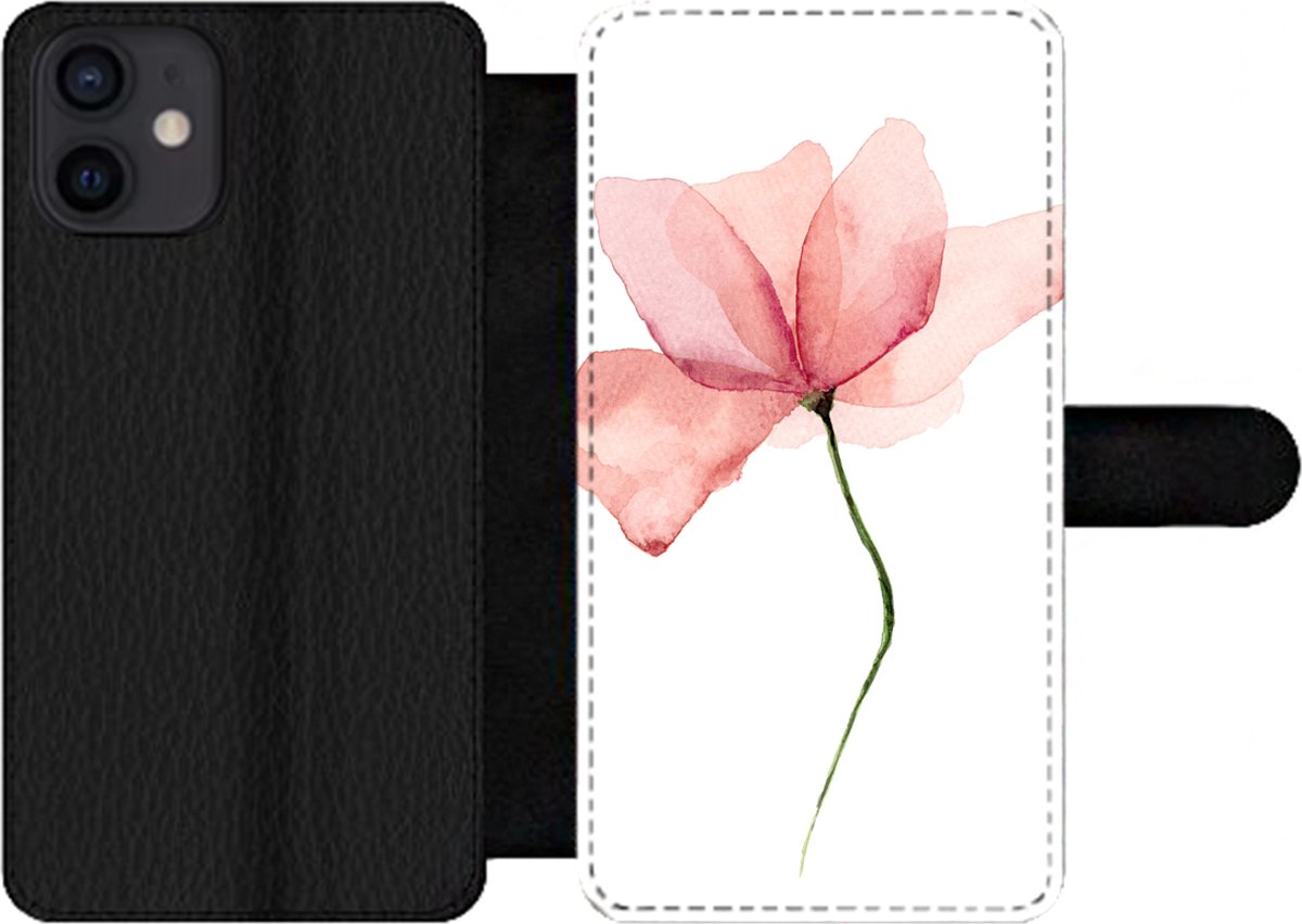 Telefoonhoesje Geschikt voor iPhone 12 telefoonhoesje - Bloemen - Waterverf - Roze - Met vakjes - Wallet case met magneetsluiting