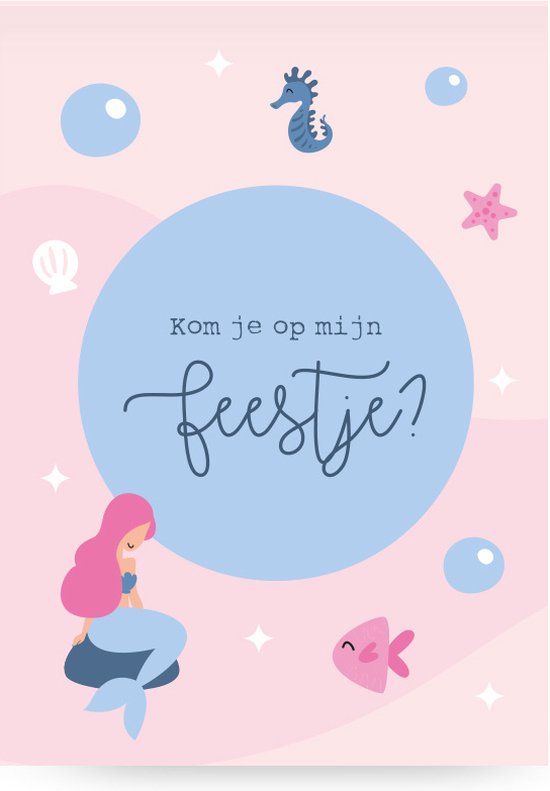 Roze kaart met uitnodigingstekst 'Kom je op mijn feestje?', zeemeermin, zeepaardje, visje en sterren.