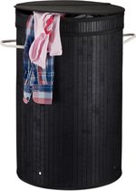 Relaxdays 1x wasmand bamboe - ronde wasbox met deksel - 63 x 40 cm - 65 liter - zwart