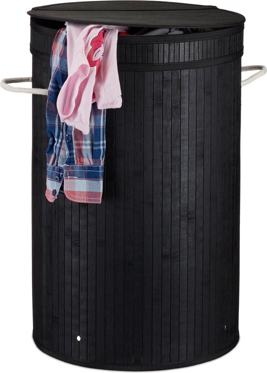 Relaxdays 1x wasmand bamboe - ronde wasbox met deksel - 63 x 40 cm - 65 liter - zwart