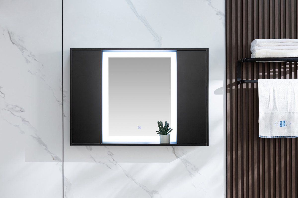 Spiegelkast badkamer mat zwart met 2 deuren, led verlichting 120 (b) x 70 cm (h) 15 cm diep - gemonteerd geleverd
