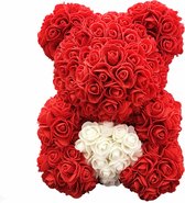 Rozenbeer Rood met Strik 30 cm | Rozen liefdes Teddybeer voor jou geliefde! Rose Bear Knuffelbeer gemaakt van roosjes  I Love You beer met hartje | Bear Rood met wit hart 30cm - Va