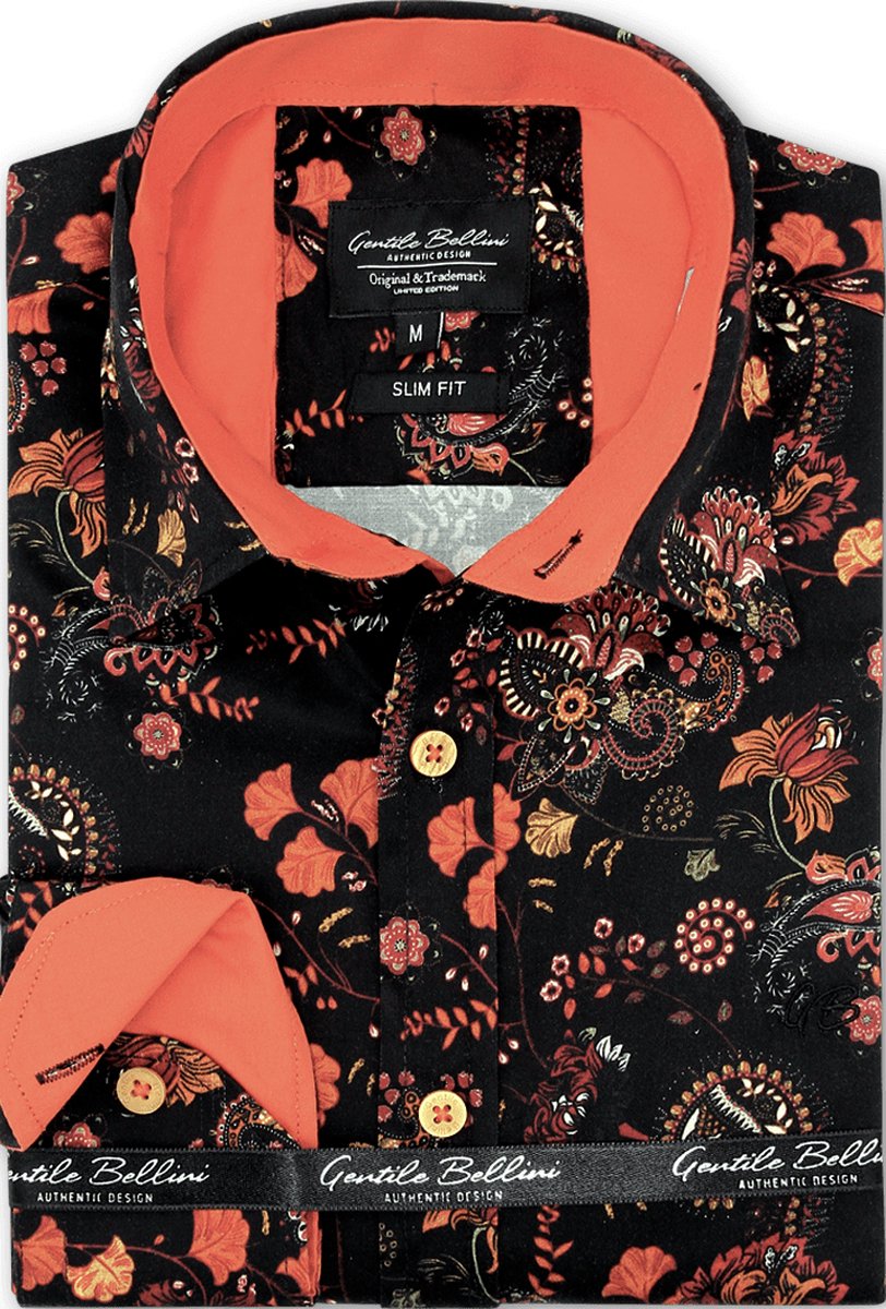 Heren Overhemden Lange Mouw - Slim Fit Overhemd Heren - Autumn Leaves Satijn - Overhemd Heren Strijkvrij - Zwart