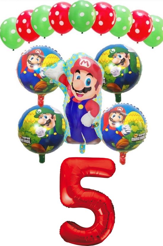 Super Mario - Luigi - ballon set - thema - ballonnen - 5 jaar - verjaardagballonnen - groen - rood met Cijferballon 5 jaar