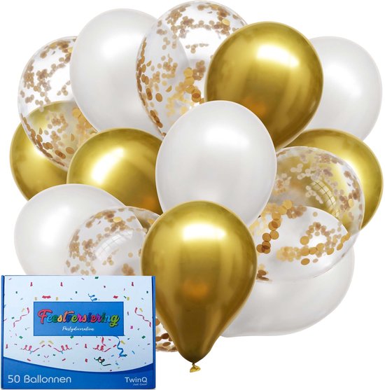 TwinQ 50x Witte en Gouden Confetti Helium Ballonnen - Verjaardag Bruiloft Versiering - Abraham Sarah - Verjaardag Feest Versiering  - Latex