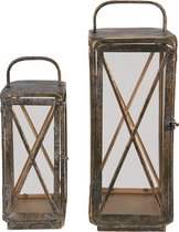 Clayre & Eef Lantaarns Set van 2  Set van 2  21*21*55 / 16*16*41 cm Koperkleurig Ijzer, Glas Kaarsenhouder Sfeerverlichting