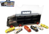 Vrachtwagen transporter truck - Truck transporter -speelgoed mini auto's - transporter 6-delig set koffer - Oplegger - 34CM