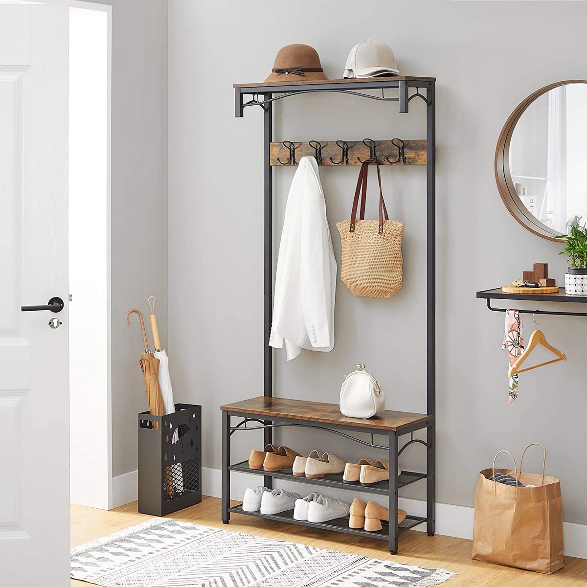 Garderobe Kapstok - Staande Kapstok met schoenenrek - Schoenen - Hout en Metaal - Industrieel - Vintage - Kledingrek - Schoenenrek - Zitbank - Donkerbruin - HSR45BX – foto 5