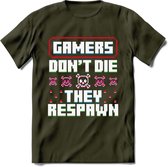 Gamers don't die pixel T-shirt | Gaming kleding | Grappig game verjaardag cadeau shirt Heren – Dames – Unisex | - Leger Groen - S