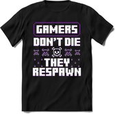 Gamers don't die pixel T-shirt | Paars | Gaming kleding | Grappig game verjaardag cadeau shirt Heren – Dames – Unisex | - Zwart - 3XL