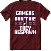 Gamers don't die pixel T-shirt | Paars | Gaming kleding | Grappig game verjaardag cadeau shirt Heren – Dames – Unisex | - Burgundy - L